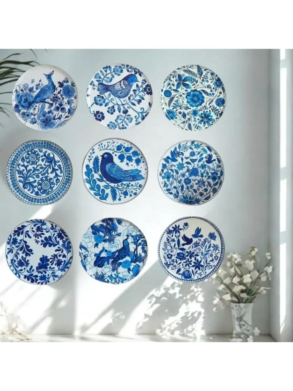 Set of 9 Blue & White Delft Wall Plates | 10” Dutch Art Decor | Windmill & Tulip